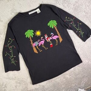 Vtg Allyson Whitmore Women's P/S Black Flamingo Christmas Lights Embroidered Top